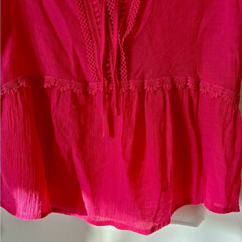 Nanette Lepore Hot Pink Ruffle Sleeve Tie Front Blouse Top Boho Coquette L - Picture 7 of 9